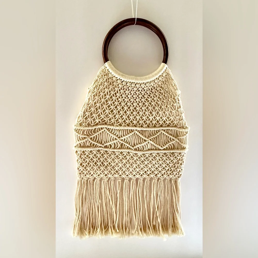 Macrame Bag Crochet Handbag Woven Purse Wood Ring Handles Fringe Boho Bag NEW